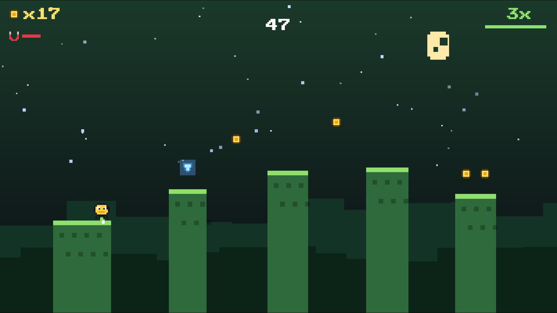 Gameplay: karakter melompat di atas platform magenta dengan combo 3x