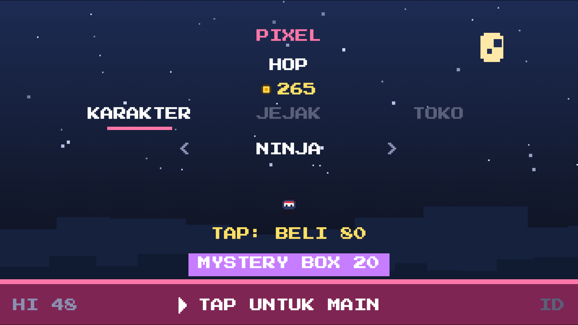 Layar judul dengan pilihan karakter Ninja