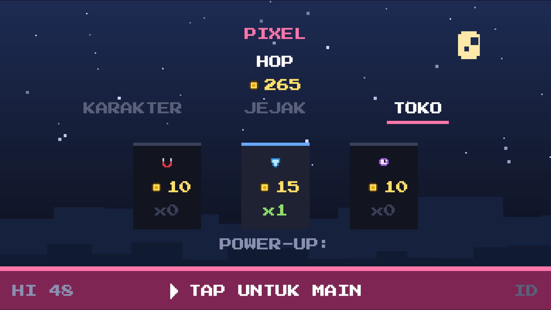 Toko power-up berisi Magnet, Shield, dan Slow