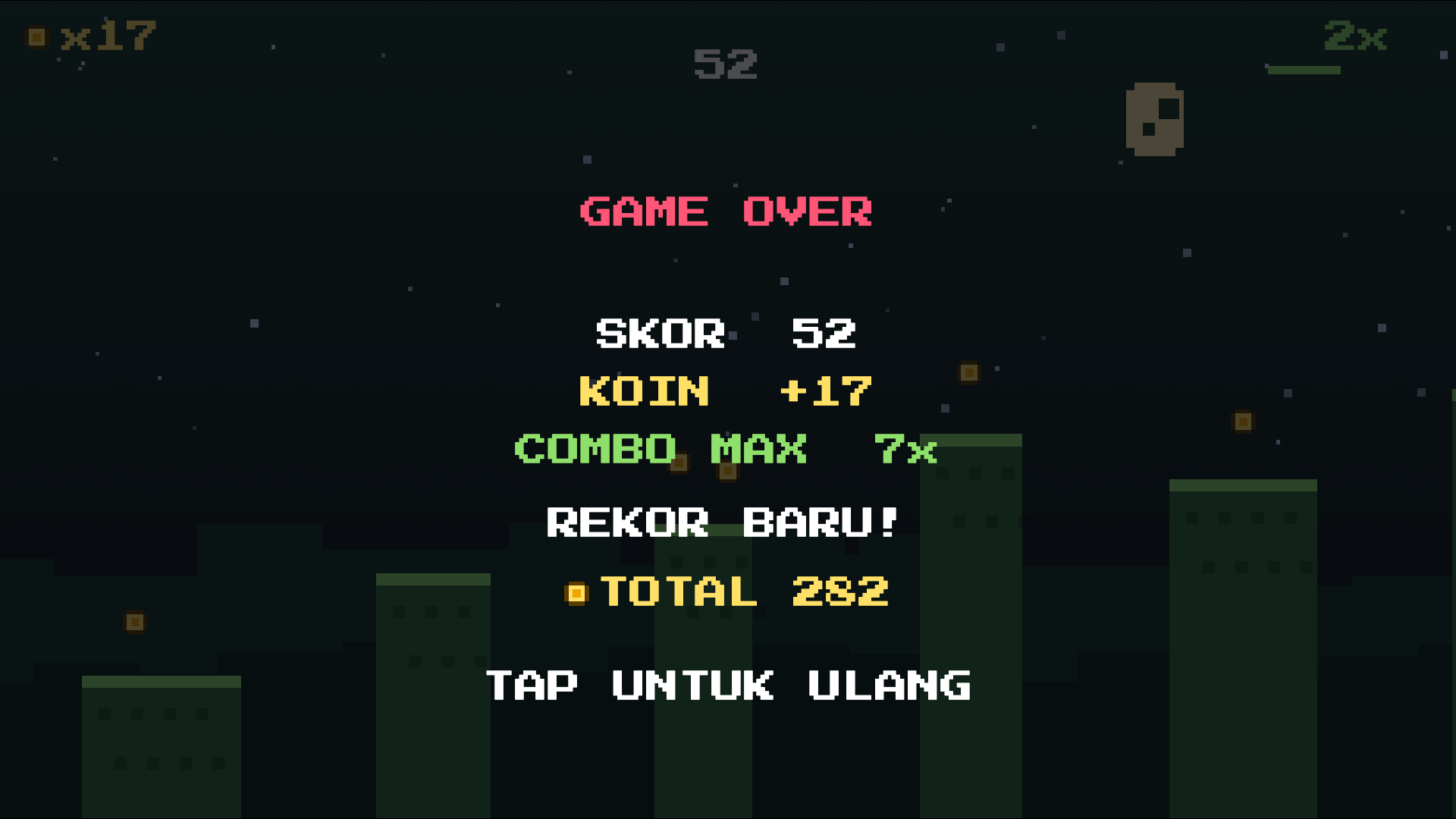 Layar game over dengan tulisan rekor baru